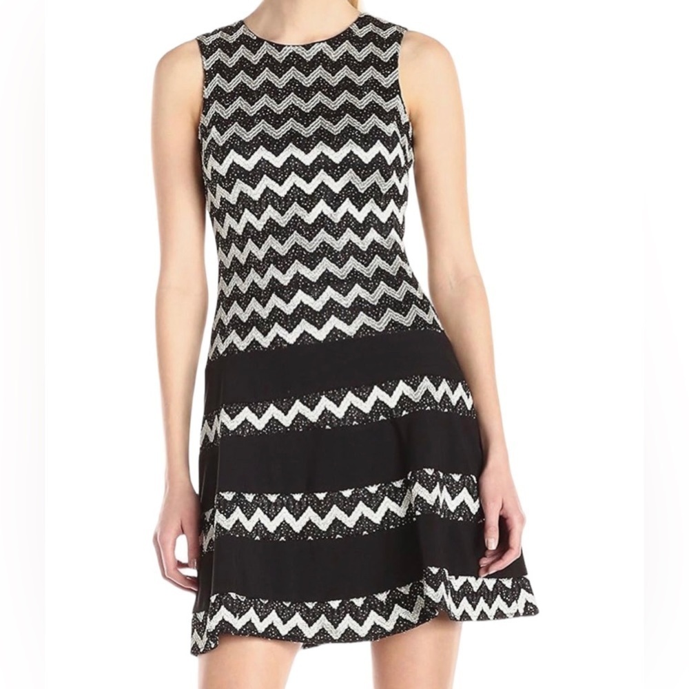 Betsy & Adam Metallic Chevron Striped Black and Gold Sleeveless Mini Dress 6P
